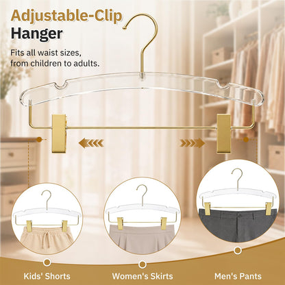 14" Clear Gold Acrylic Pants Hangers with Clips and Groove 10 Pack，Heavy-Duty Skirt Hangers with Non-Slip Adjustable Clips for Pants, Skirts, Jeans, Shorts, Trousers, Fits Adults and Kids