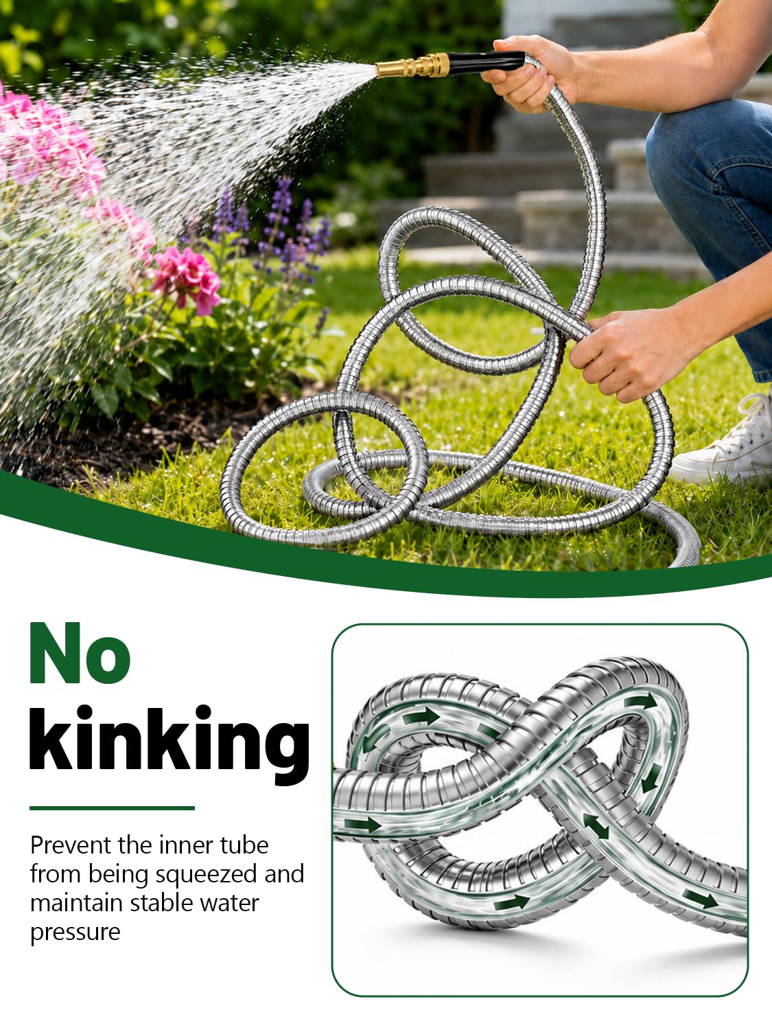 SPECILITE 25ft 304 Stainless Steel Garden Hose with Adjustable Brass Nozzle, Heavy Duty Metal Water Hose, Lightweight & Puncture-proof, Flexible Water Pipe with 3/4" Brass Connectors for Yard, Outdoor
