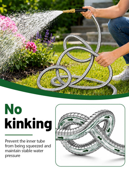 SPECILITE 25ft 304 Stainless Steel Garden Hose with Adjustable Brass Nozzle, Heavy Duty Metal Water Hose, Lightweight & Puncture-proof, Flexible Water Pipe with 3/4" Brass Connectors for Yard, Outdoor