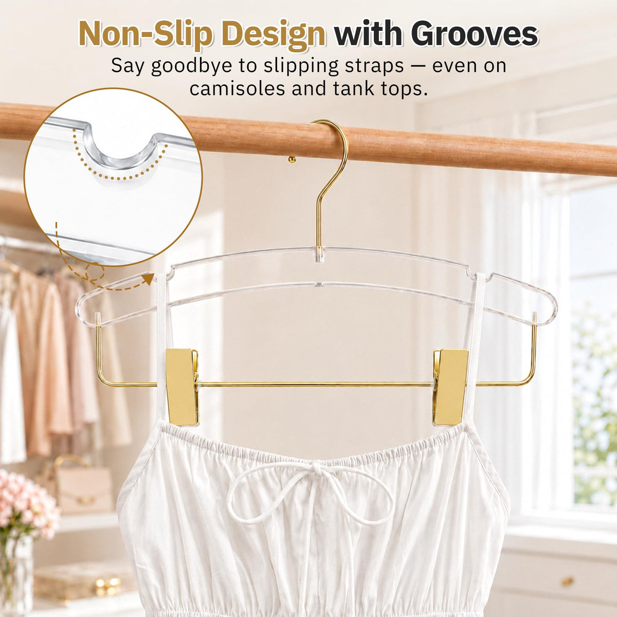 14" Clear Gold Acrylic Pants Hangers with Clips and Groove 10 Pack，Heavy-Duty Skirt Hangers with Non-Slip Adjustable Clips for Pants, Skirts, Jeans, Shorts, Trousers, Fits Adults and Kids