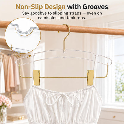 14" Clear Gold Acrylic Pants Hangers with Clips and Groove 10 Pack，Heavy-Duty Skirt Hangers with Non-Slip Adjustable Clips for Pants, Skirts, Jeans, Shorts, Trousers, Fits Adults and Kids