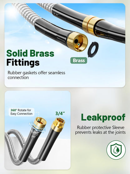 SPECILITE 25ft 304 Stainless Steel Garden Hose with Adjustable Brass Nozzle, Heavy Duty Metal Water Hose, Lightweight & Puncture-proof, Flexible Water Pipe with 3/4" Brass Connectors for Yard, Outdoor