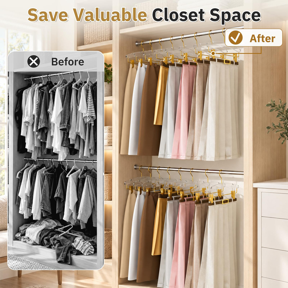 14" Clear Gold Acrylic Pants Hangers with Clips and Groove 10 Pack，Heavy-Duty Skirt Hangers with Non-Slip Adjustable Clips for Pants, Skirts, Jeans, Shorts, Trousers, Fits Adults and Kids