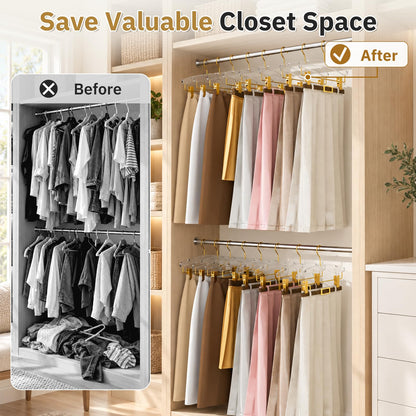 14" Clear Gold Acrylic Pants Hangers with Clips and Groove 10 Pack，Heavy-Duty Skirt Hangers with Non-Slip Adjustable Clips for Pants, Skirts, Jeans, Shorts, Trousers, Fits Adults and Kids