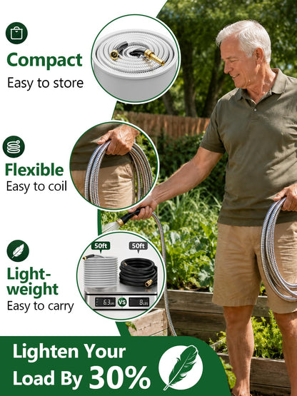 SPECILITE 25ft 304 Stainless Steel Garden Hose with Adjustable Brass Nozzle, Heavy Duty Metal Water Hose, Lightweight & Puncture-proof, Flexible Water Pipe with 3/4" Brass Connectors for Yard, Outdoor