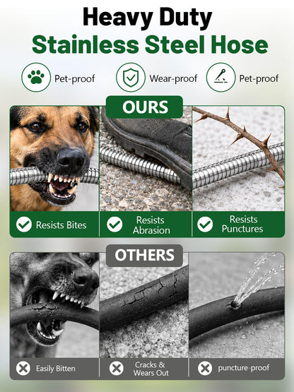 SPECILITE 25ft 304 Stainless Steel Garden Hose with Adjustable Brass Nozzle, Heavy Duty Metal Water Hose, Lightweight & Puncture-proof, Flexible Water Pipe with 3/4" Brass Connectors for Yard, Outdoor