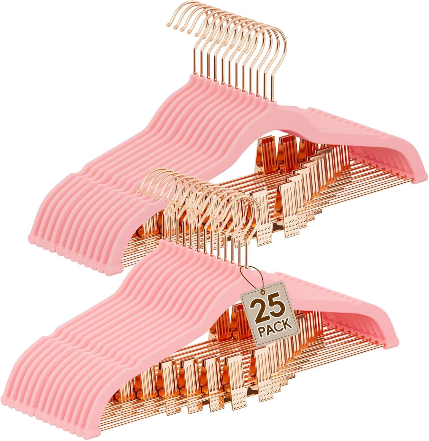 Velvet Hangers with Adjustable Clips 25 Pack, Space Saving, Non-Slip Slim Felt Clothes Hangers for Pants, Skirts, Dress, Suits, Heavy Duty Rose Gold Metal Hanger with 360° Swivel Hook