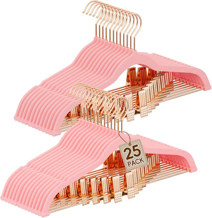 Velvet Hangers with Adjustable Clips 25 Pack, Space Saving, Non-Slip Slim Felt Clothes Hangers for Pants, Skirts, Dress, Suits, Heavy Duty Rose Gold Metal Hanger with 360° Swivel Hook