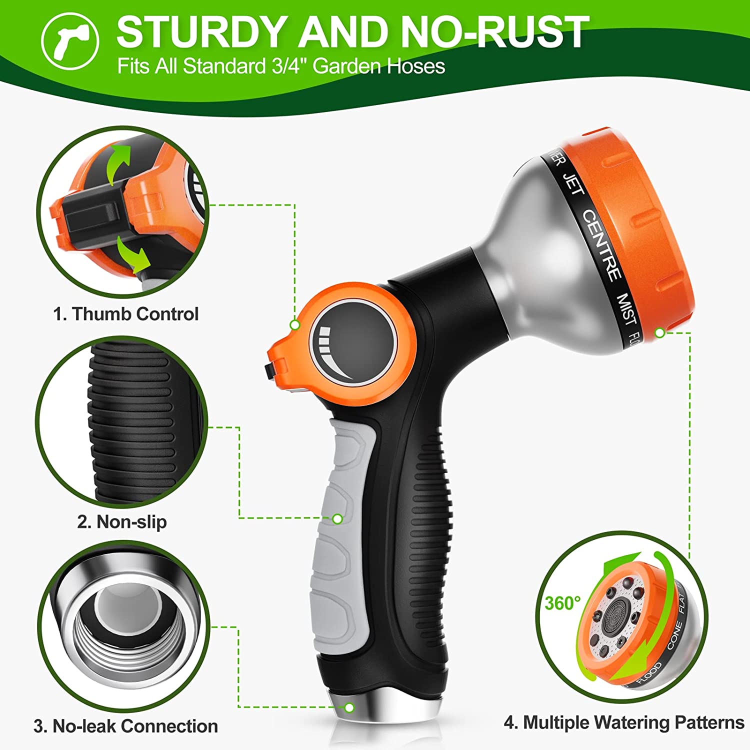 VASLON Garden Hose Nozzle 2-Pack - 8 Adjustable Spray Patterns For Watering & Cleaning